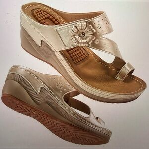 Metallic gold Wedge Sandals with Floral Accent